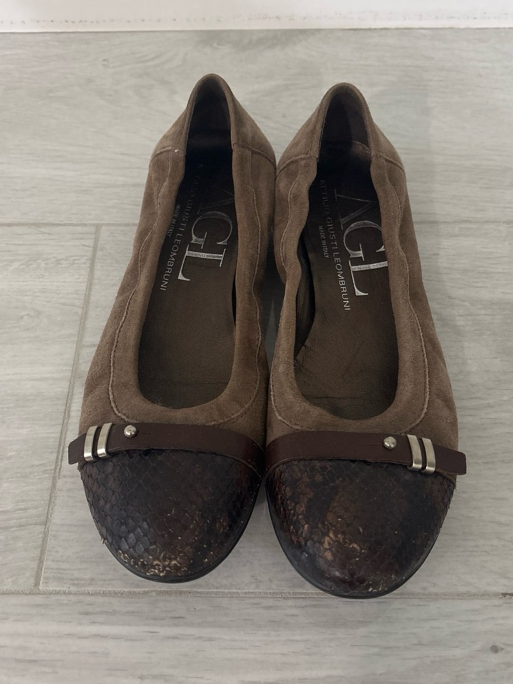 AGL Brown Suede Flats with Textured Toe and Leather Strap